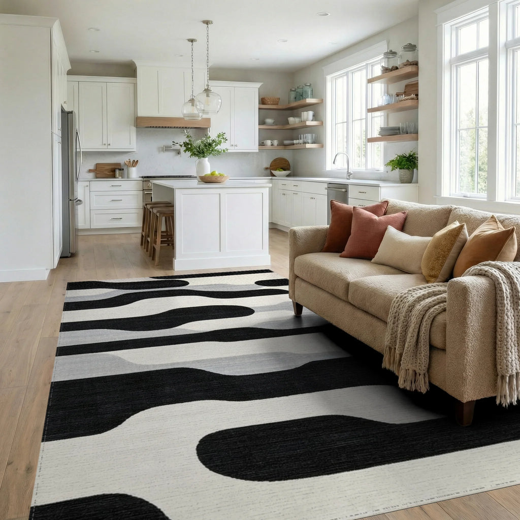 Black White Gray Abstract Organic Bands Rug - Living Room View