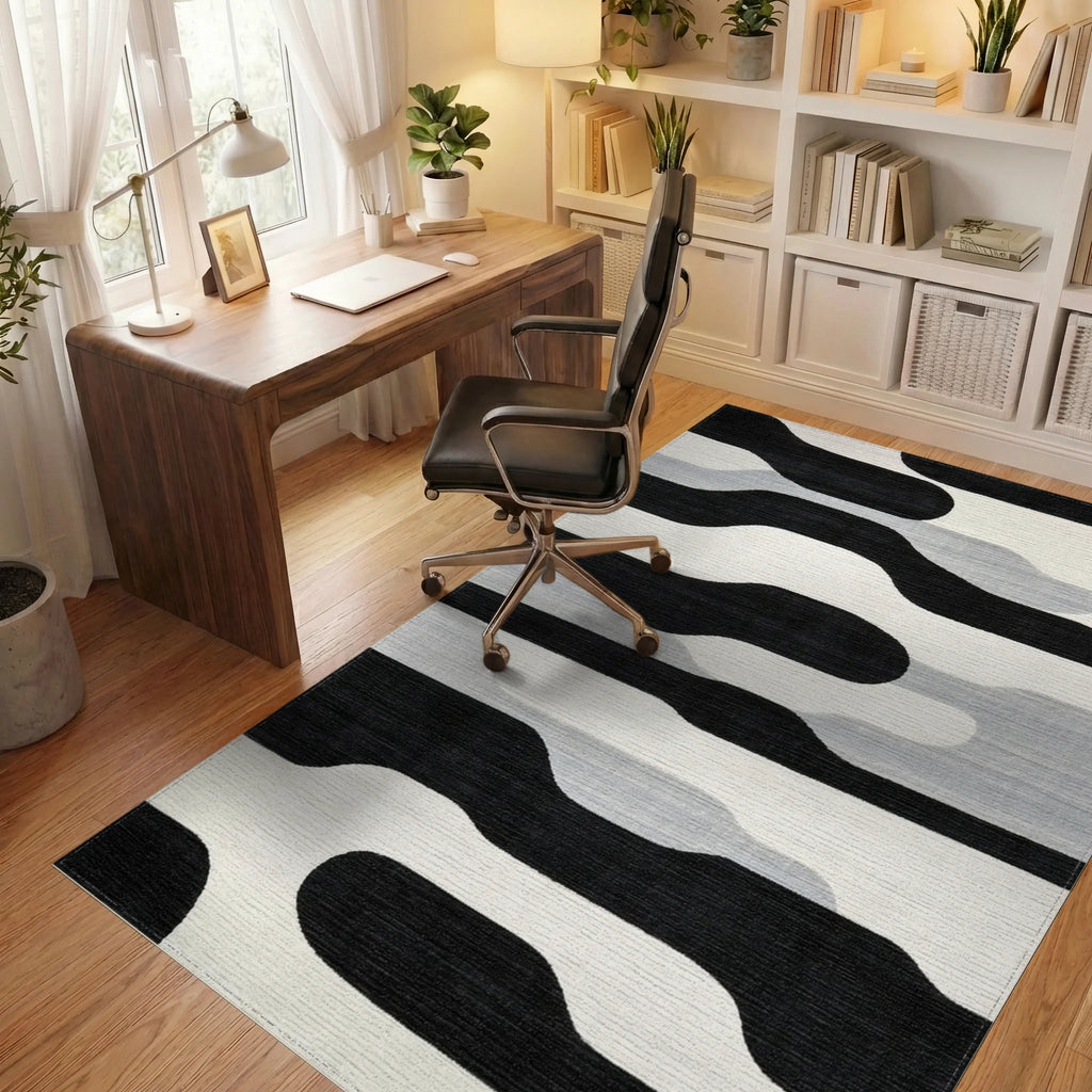 Black White Gray Abstract Organic Bands Rug - Office View