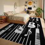 Black White Guitar Piano Stripes Rug - Bedroom View