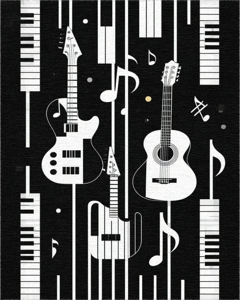 Black White Guitar Piano Stripes Rug - Cutout View