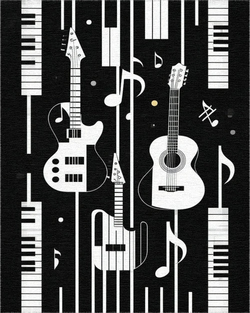 Black White Guitar Piano Stripes Rug - Cutout View