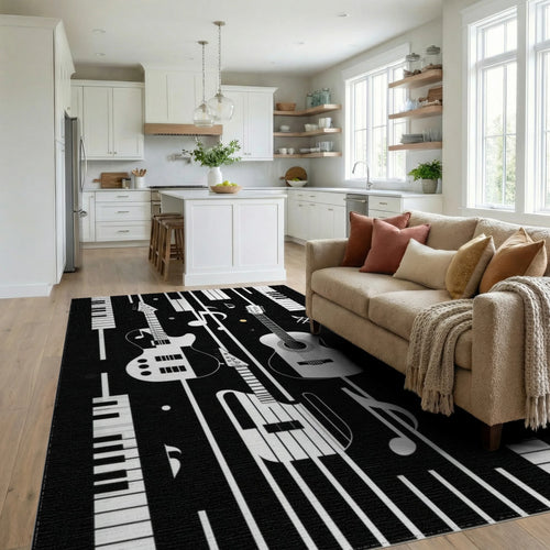 Black White Guitar Piano Stripes Rug - Living Room View