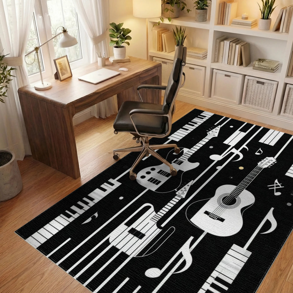 Black White Guitar Piano Stripes Rug - Office View