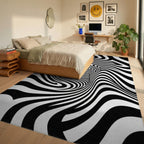 Black White Hypnotic Swirl Rug Bedroom View