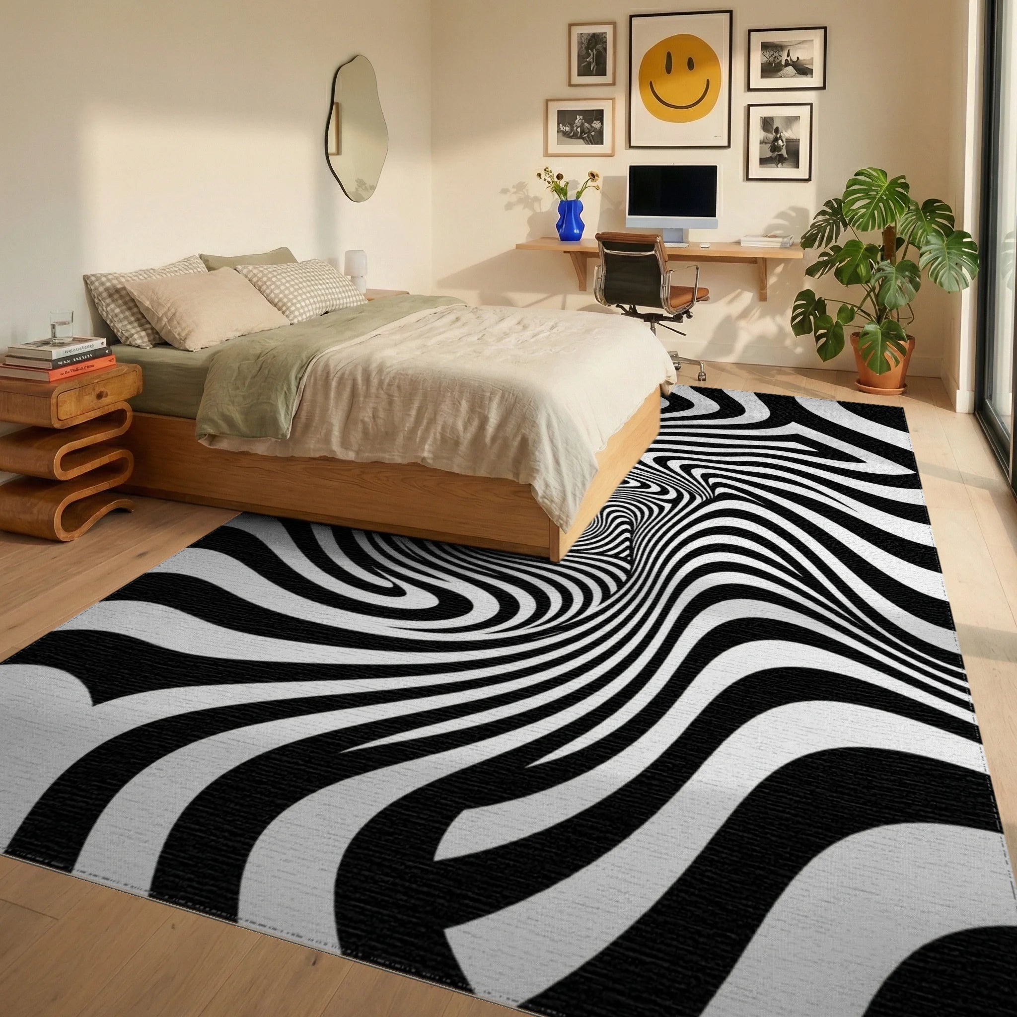 Black White Hypnotic Swirl Rug Bedroom View