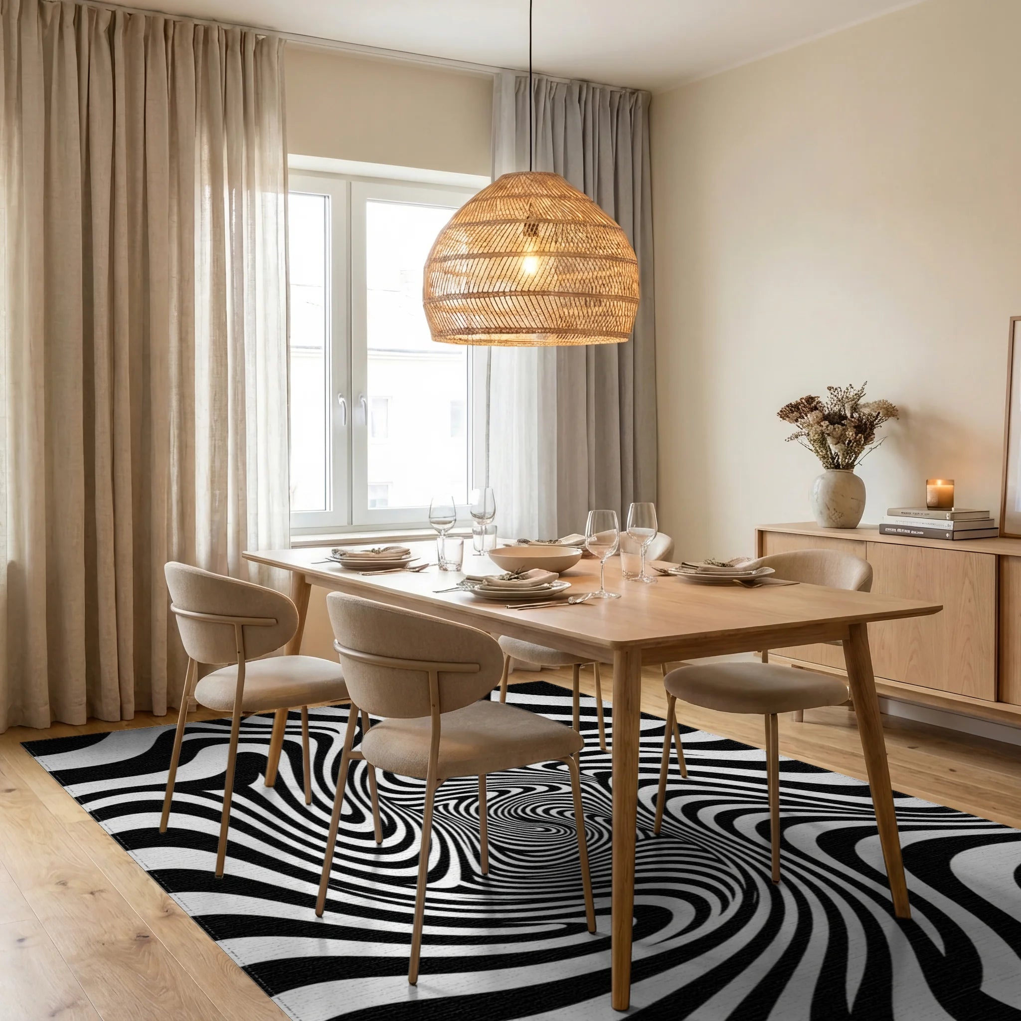 Black White Hypnotic Swirl Rug Dining Room View