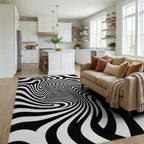 Black White Hypnotic Swirl Rug Living Room View
