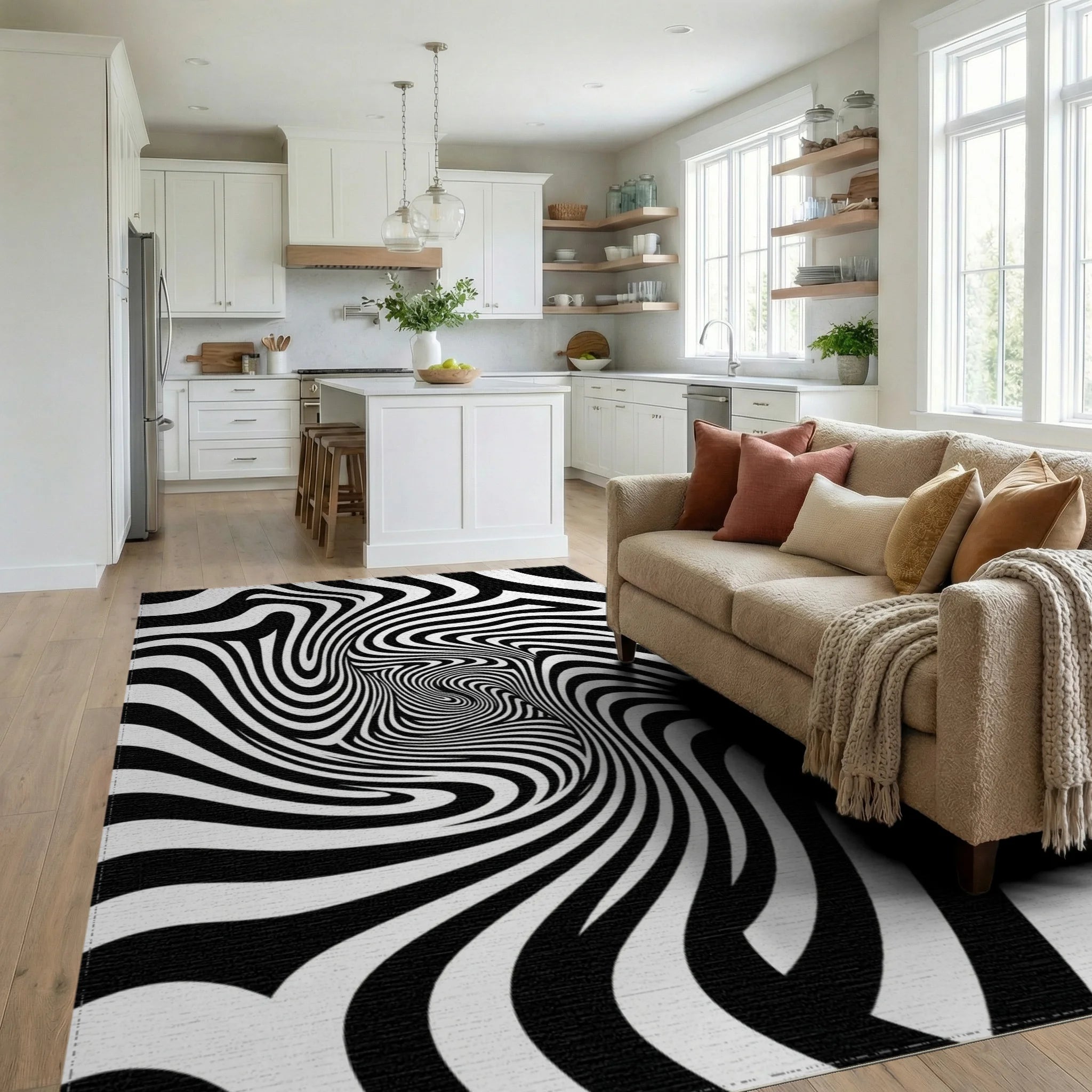 Black White Hypnotic Swirl Rug Living Room View