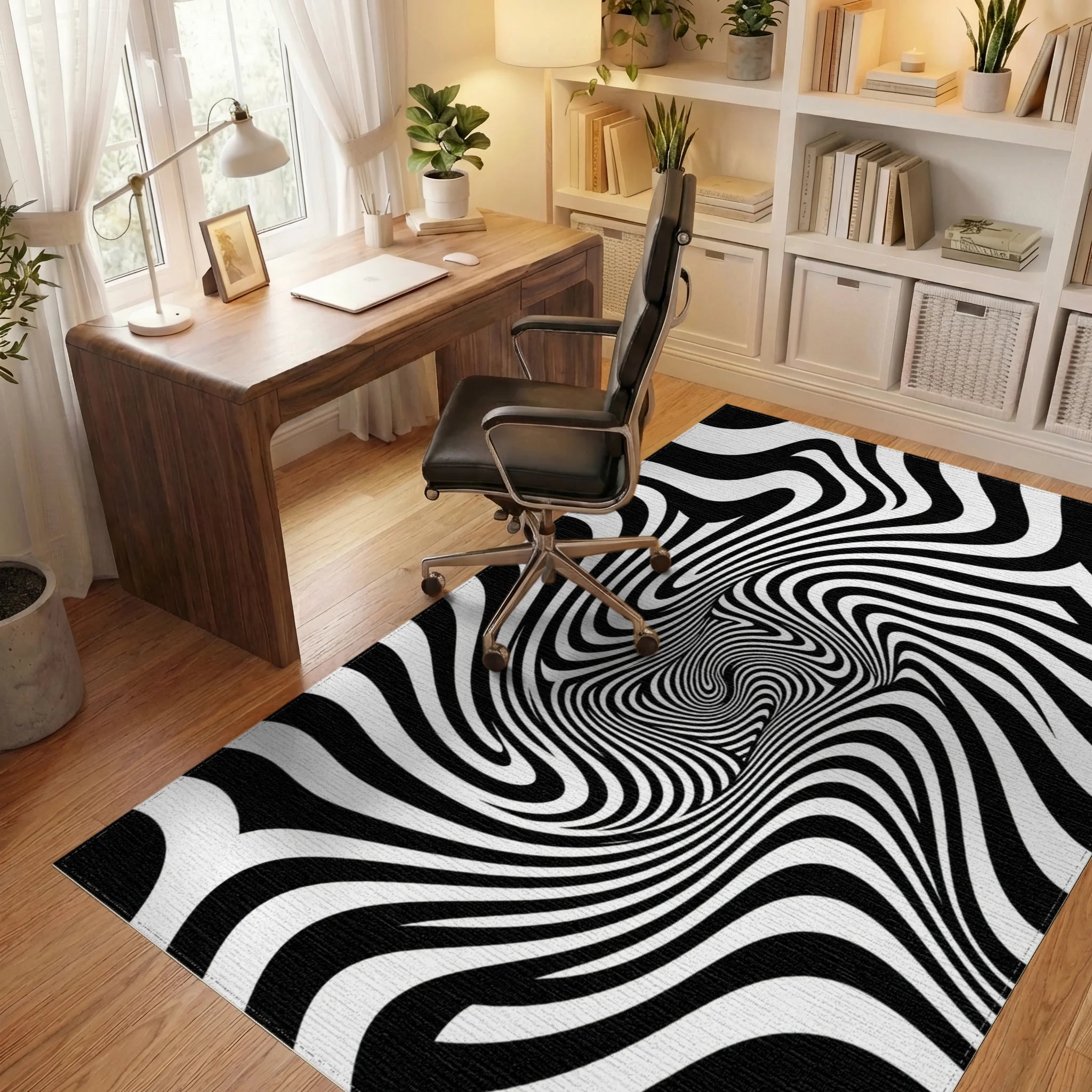 Black White Hypnotic Swirl Rug Office View