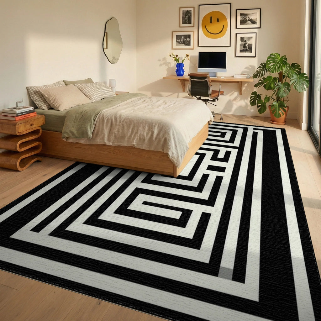 Black White Maze Labyrinth Rug - Bedroom View