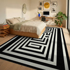 Black White Maze Labyrinth Rug - Bedroom View