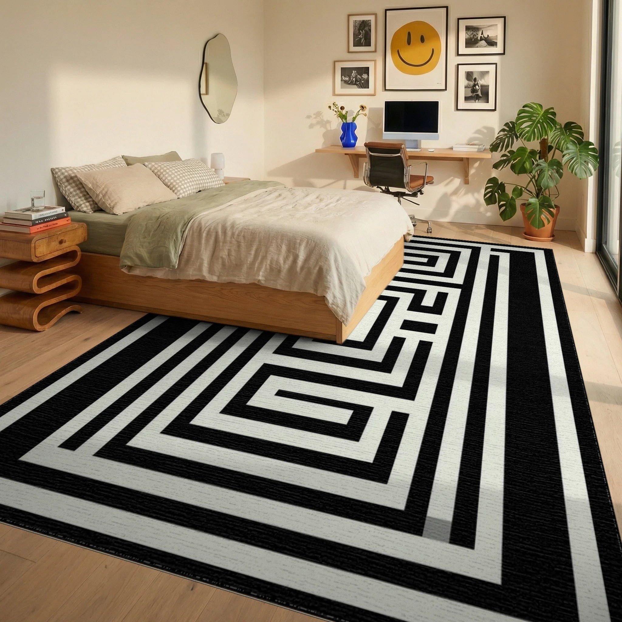 Black White Maze Labyrinth Rug - Bedroom View
