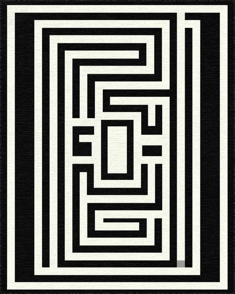 Black White Maze Labyrinth Rug - Cutout View
