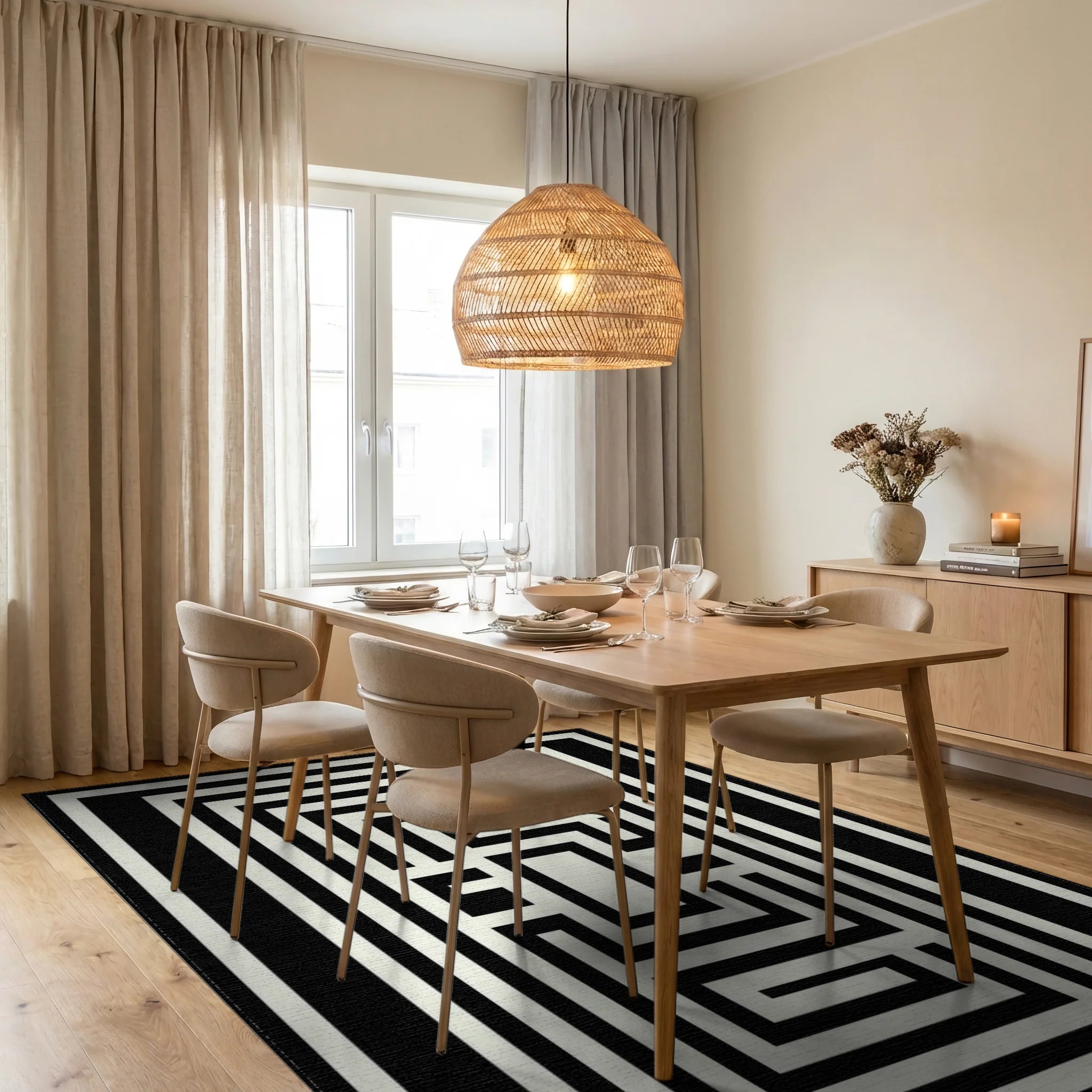 Black White Maze Labyrinth Rug - Dining Room View