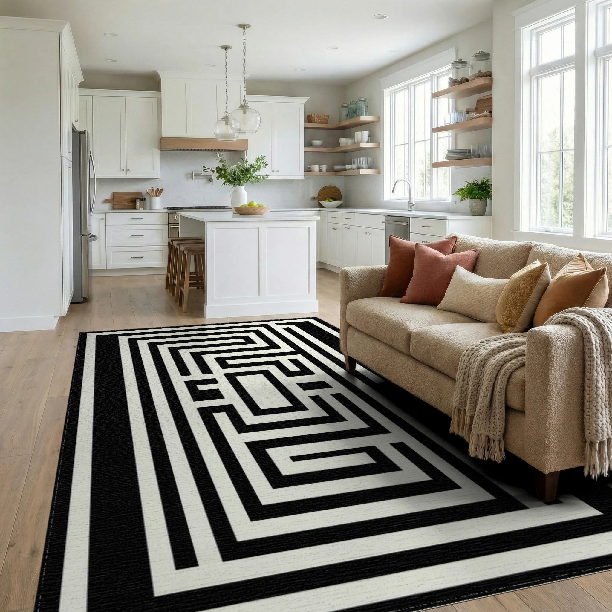 Black White Maze Labyrinth Rug - Living Room View