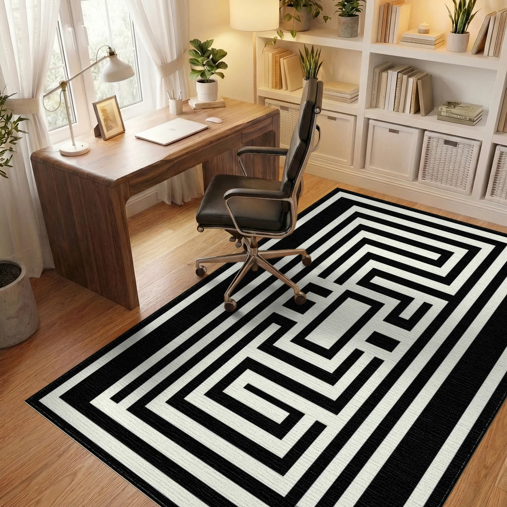 Black White Maze Labyrinth Rug - Office View