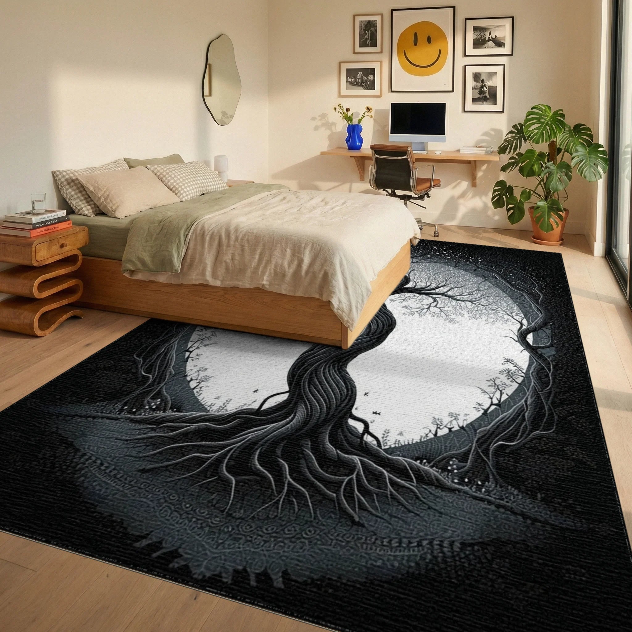 Black White Mystical Tree Mandala Rug - Bedroom View