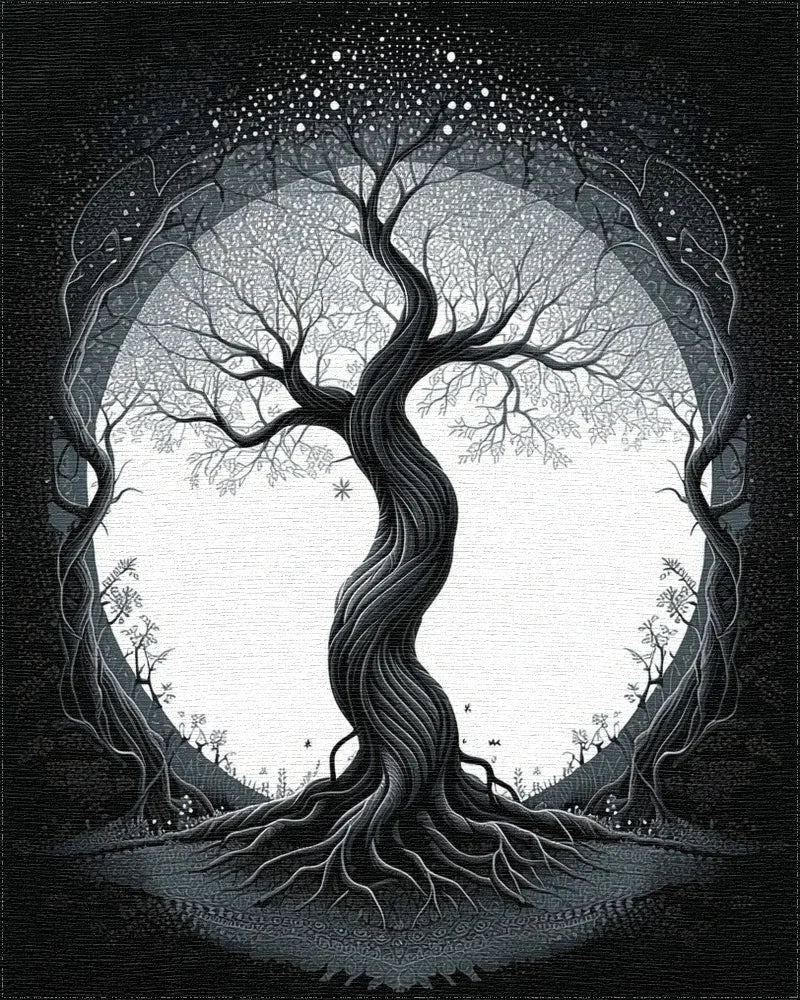 Black White Mystical Tree Mandala Rug - Cutout View