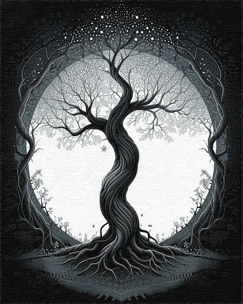 Black White Mystical Tree Mandala Rug - Cutout View
