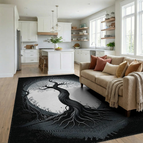 Black White Mystical Tree Mandala Rug - Living Room View