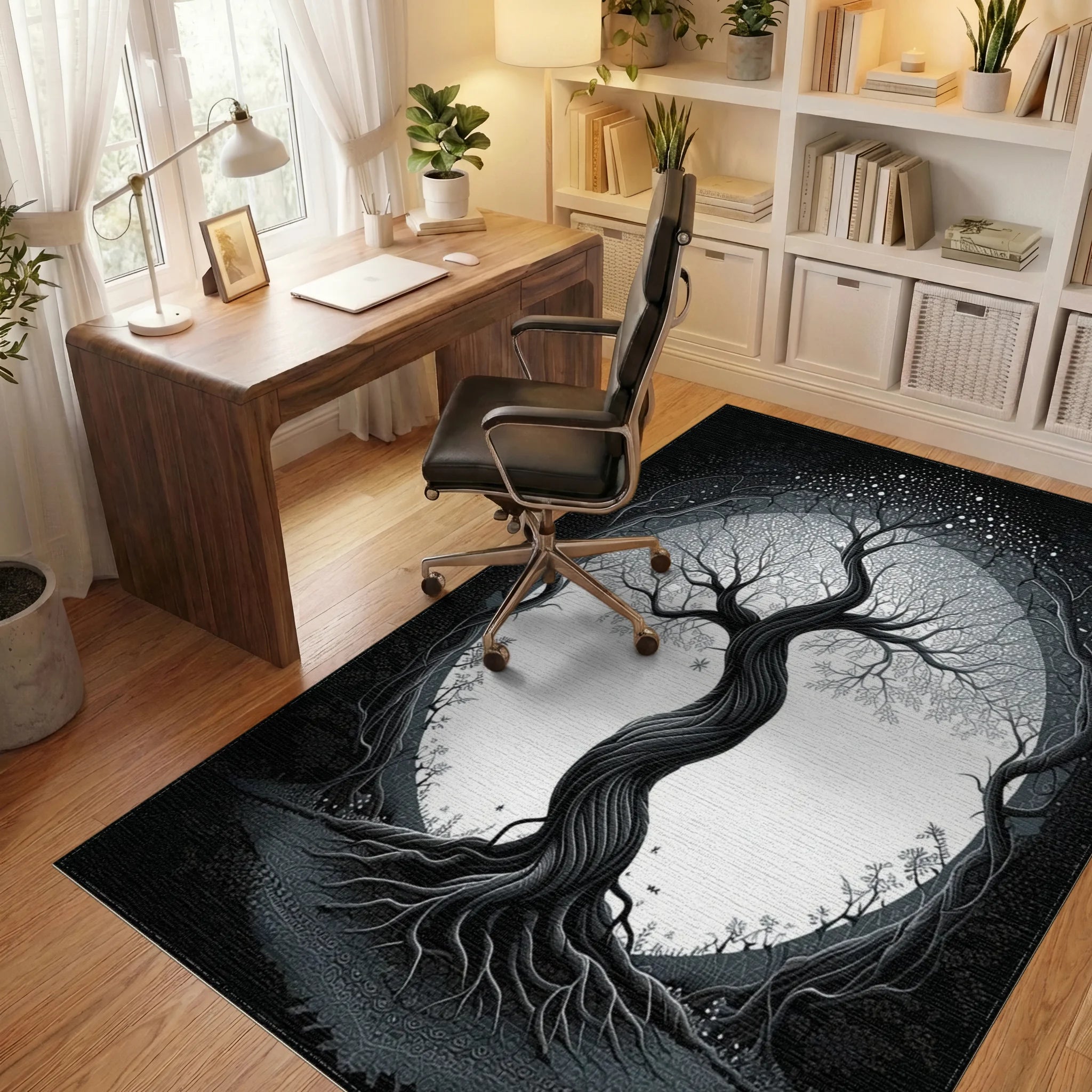Black White Mystical Tree Mandala Rug - Office View
