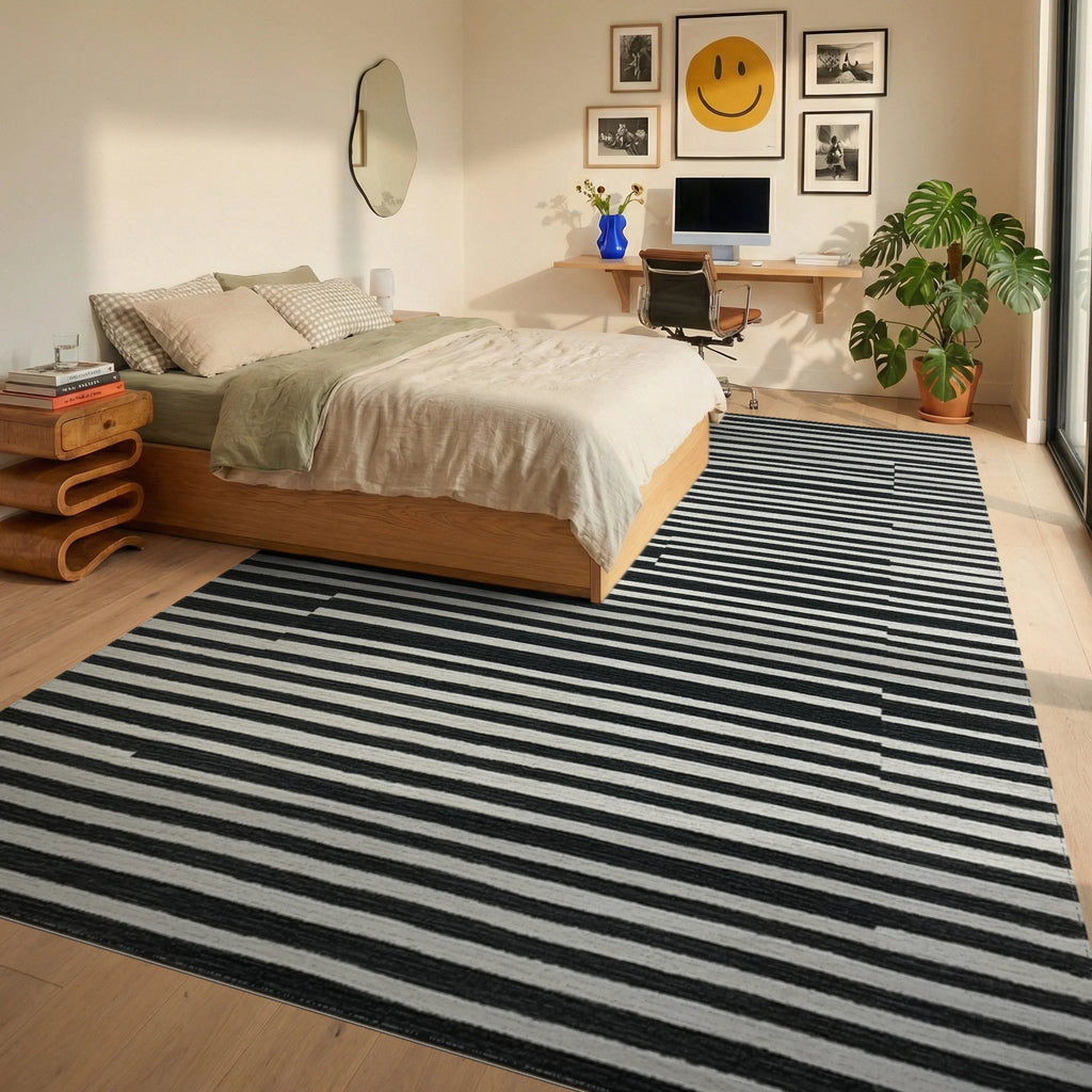 Black White Offset Stripes Rug Bedroom View