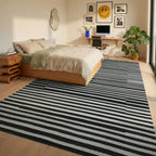 Black White Offset Stripes Rug Bedroom View