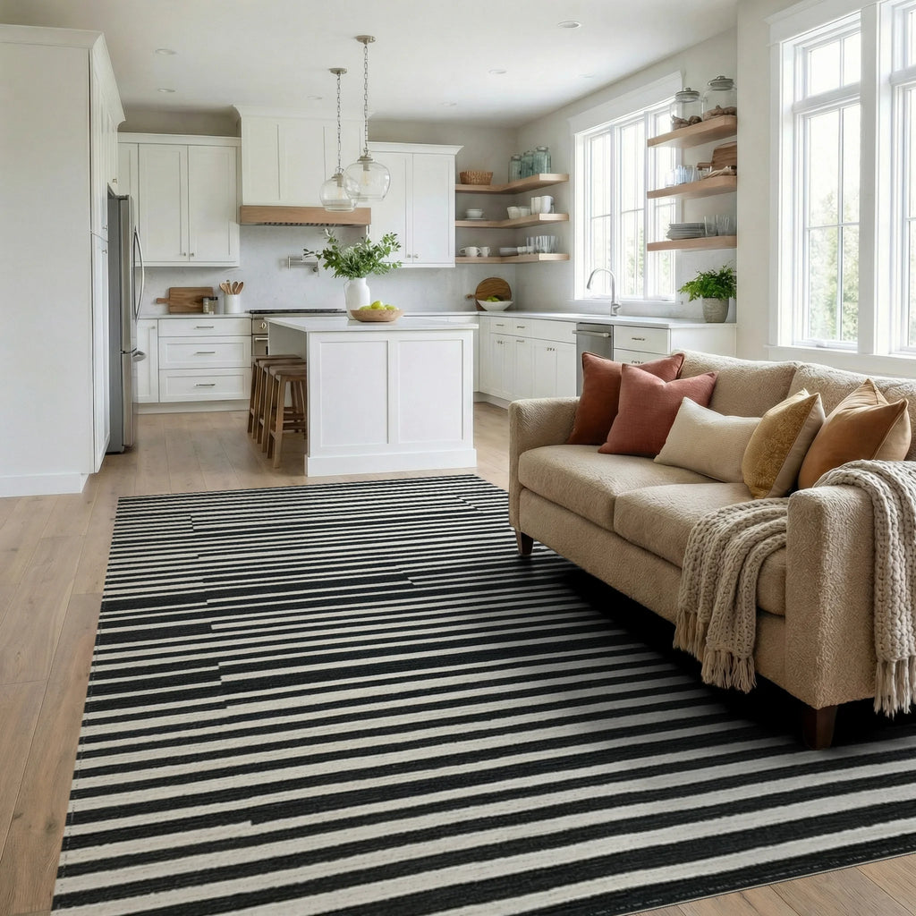 Black White Offset Stripes Rug Living Room View