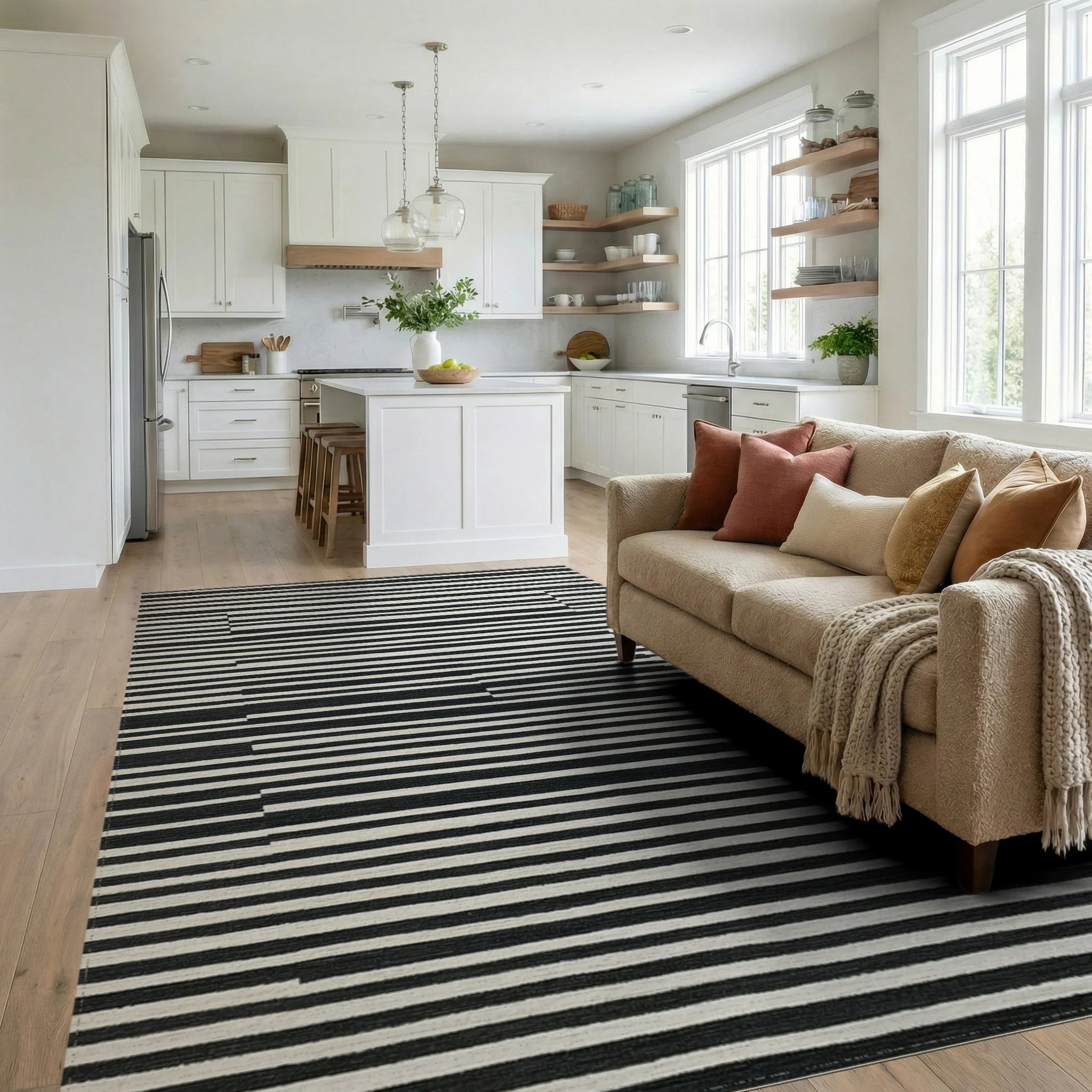 Black White Offset Stripes Rug Living Room View