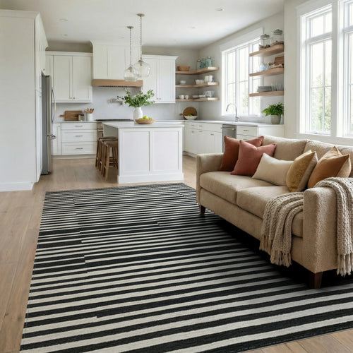 Black White Offset Stripes Rug Living Room View