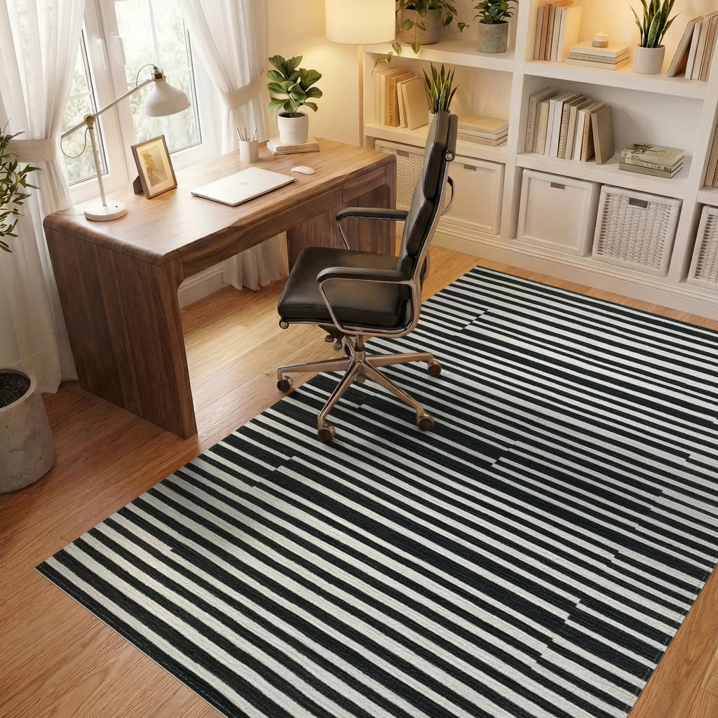 Black White Offset Stripes Rug Office View