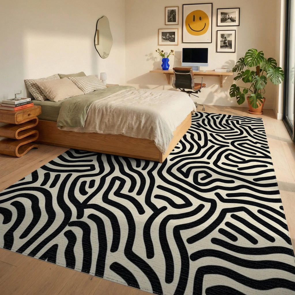 Black White Organic Maze Rug - Bedroom View
