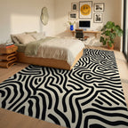 Black White Organic Maze Rug - Bedroom View