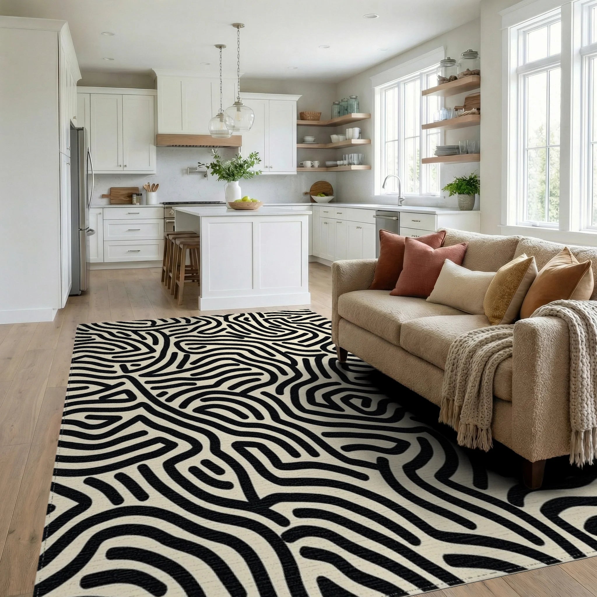 Black White Organic Maze Rug - Living Room View