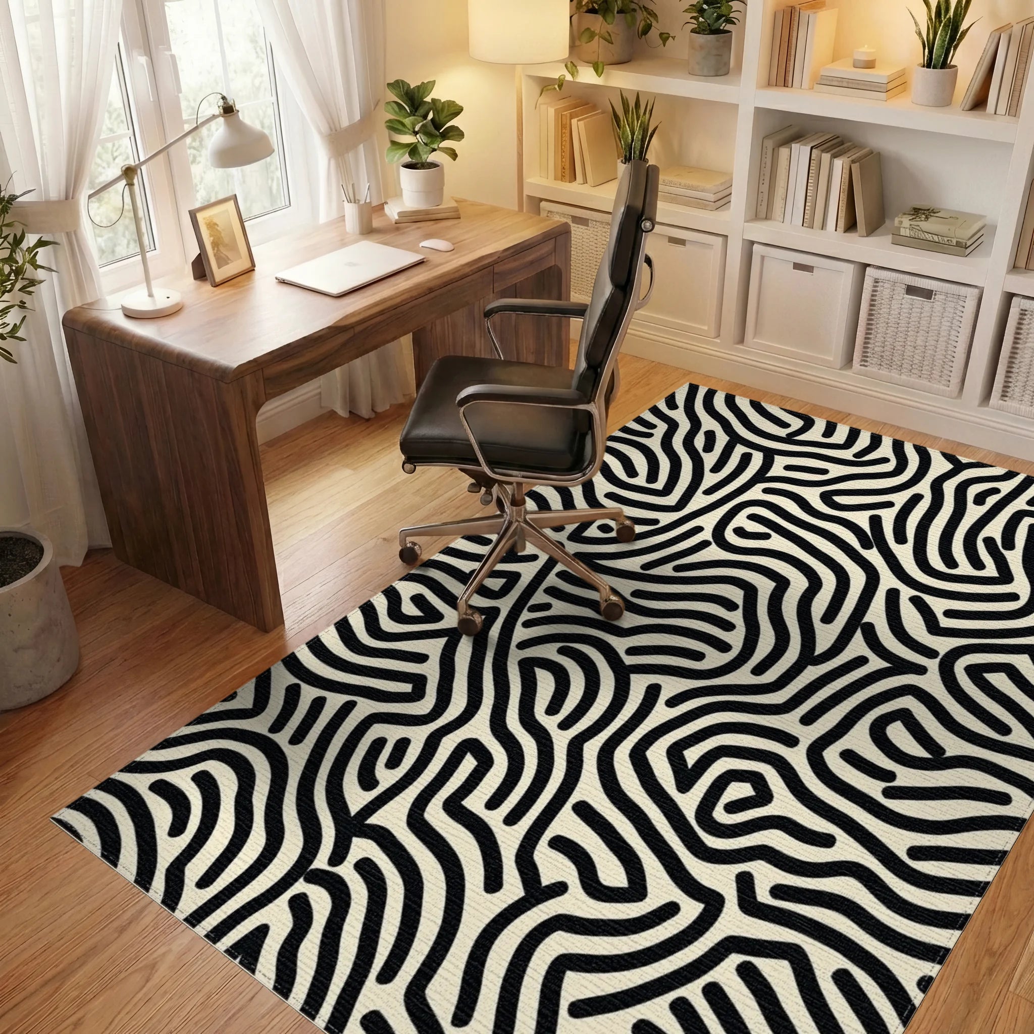 Black White Organic Maze Rug - Office View