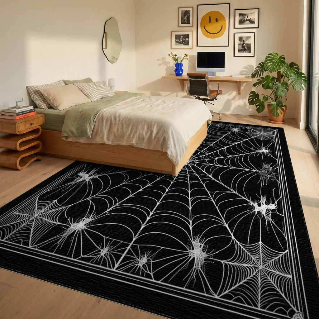 Black White Spider Web Gothic Rug - Bedroom View
