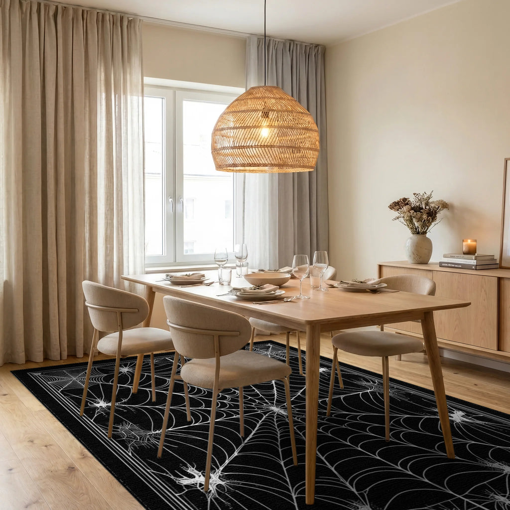 Black White Spider Web Gothic Rug - Dining Room View