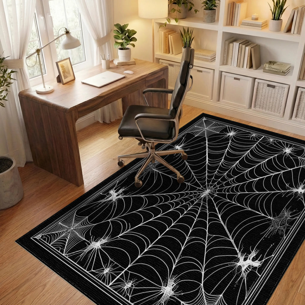 Black White Spider Web Gothic Rug - Office View