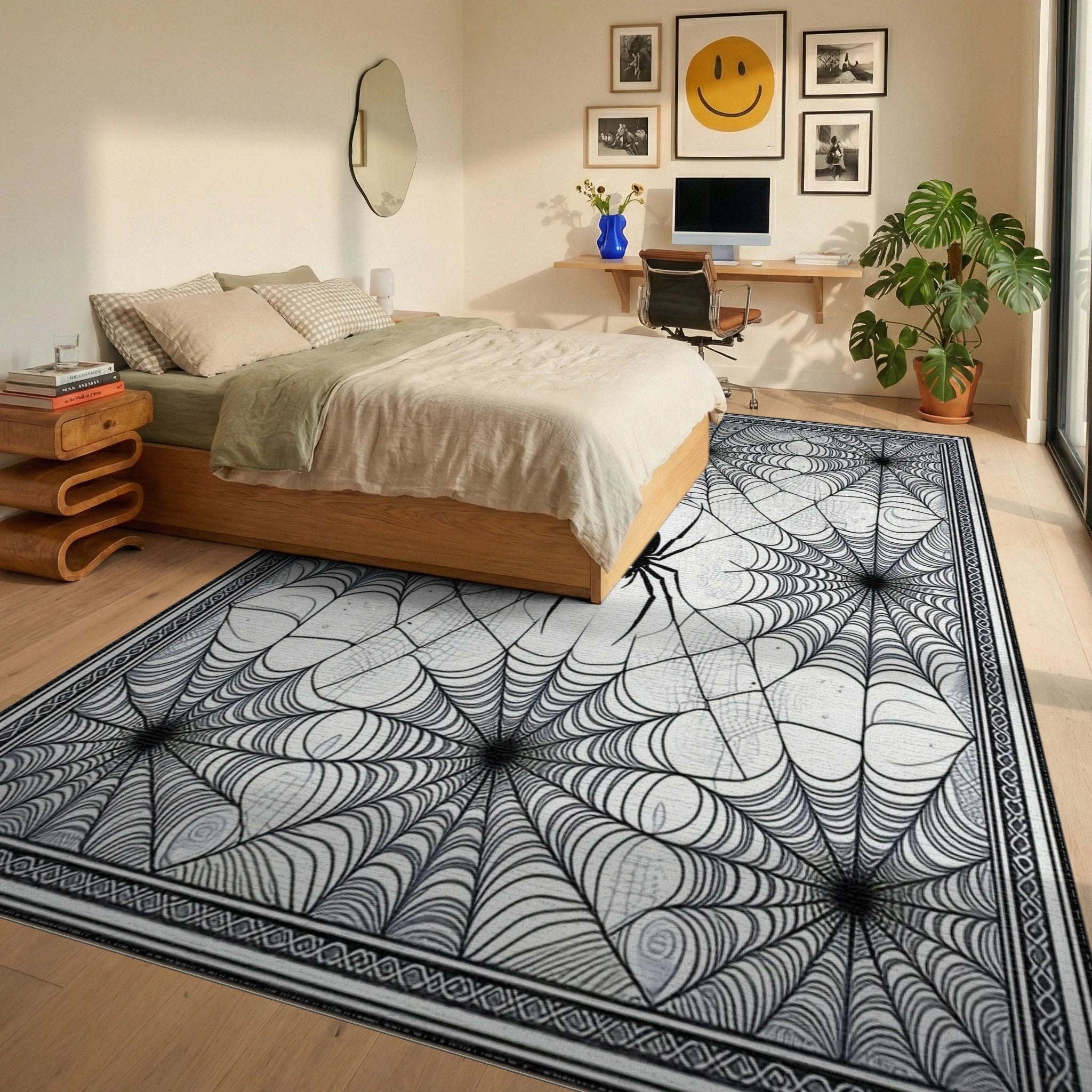 Black White Spider Web Gothic Rug - Bedroom View