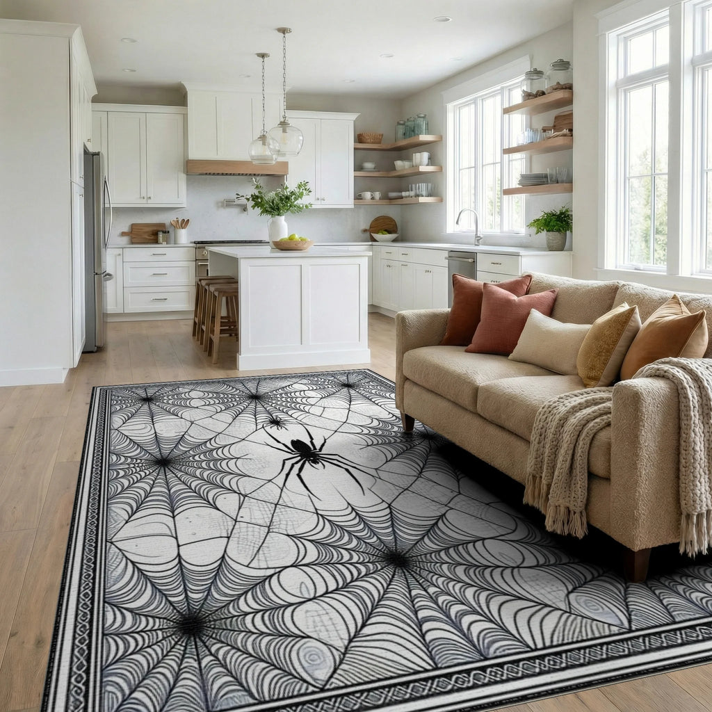 Black White Spider Web Gothic Rug - Living Room View
