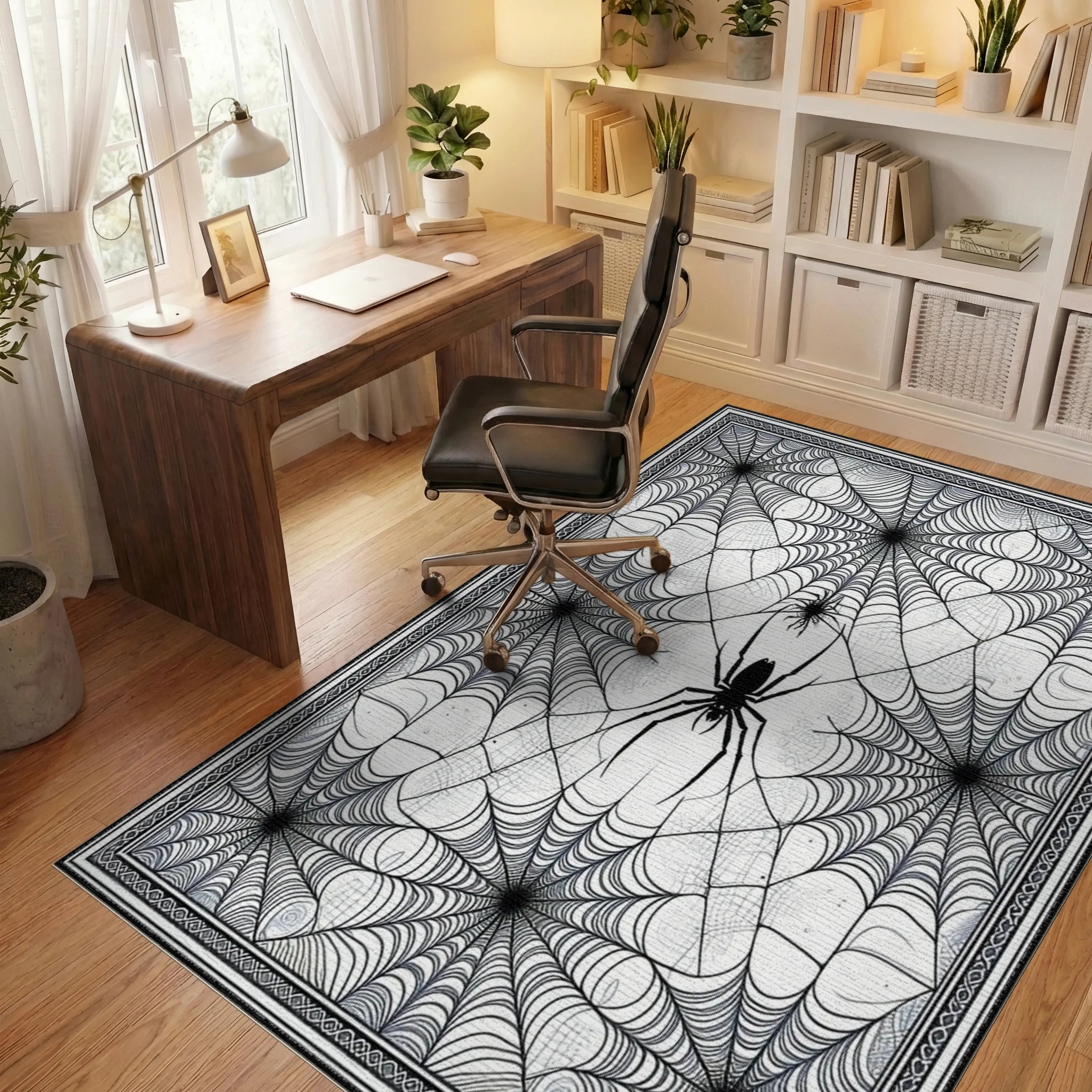 Black White Spider Web Gothic Rug - Office View