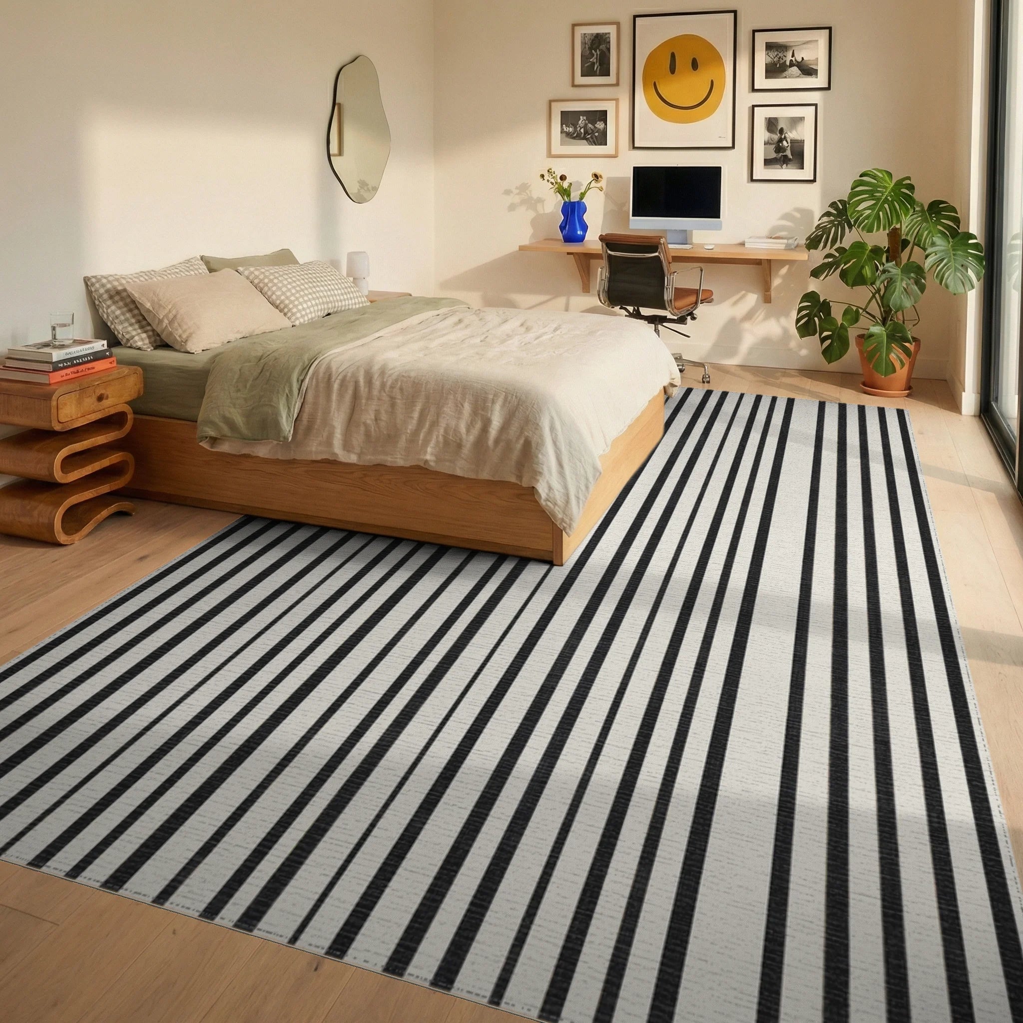 Black White Uneven Stripe Rug - Bedroom View