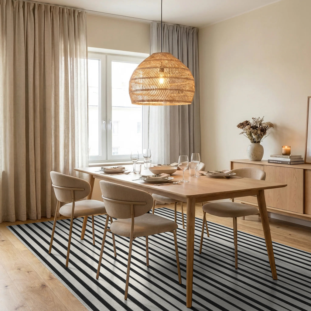 Black White Uneven Stripe Rug - Dining Room View