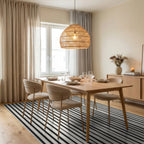 Black White Uneven Stripe Rug - Dining Room View