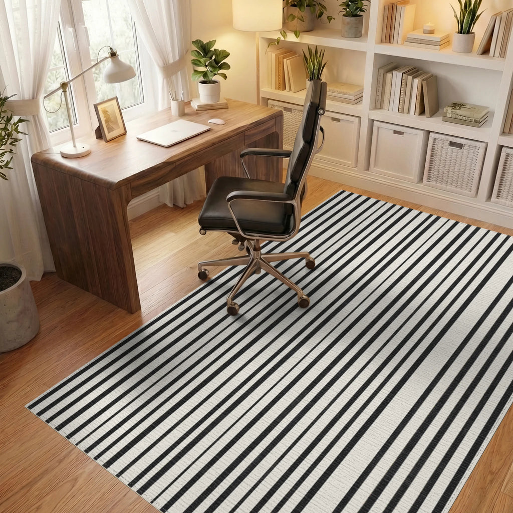 Black White Uneven Stripe Rug - Office View
