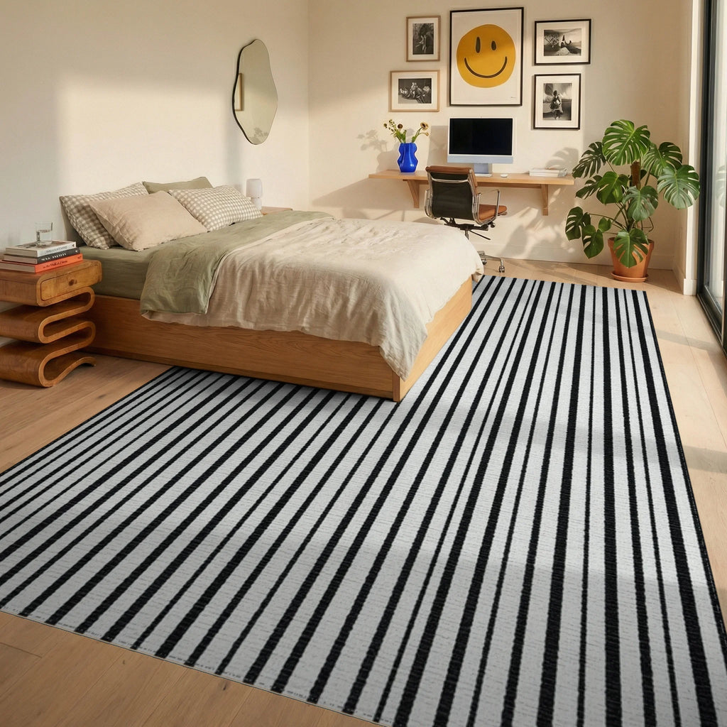 Black White Vertical Stripe Rug - Bedroom View