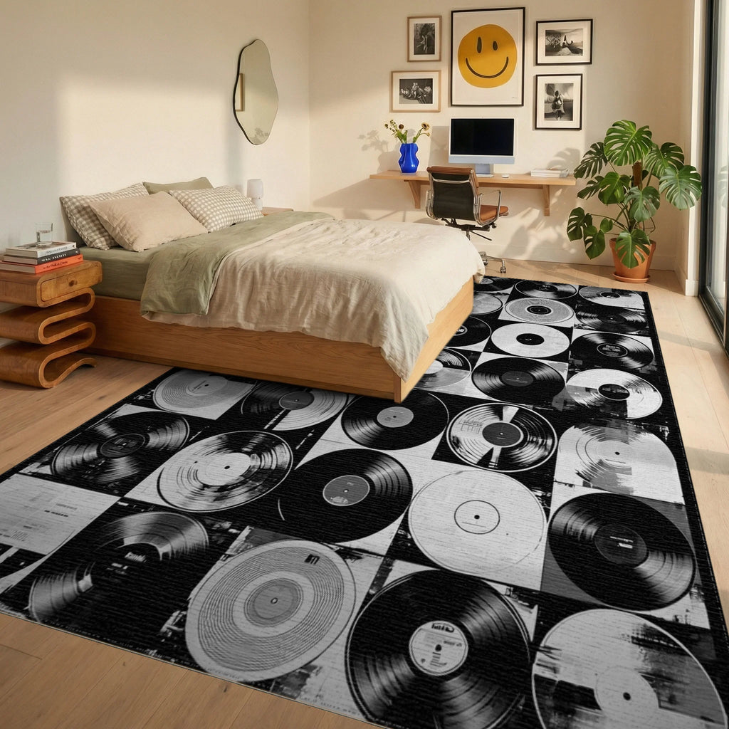 Black White Vinyl Records Grid Rug - Bedroom View