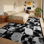 Black White Vinyl Records Grid Rug - Bedroom View