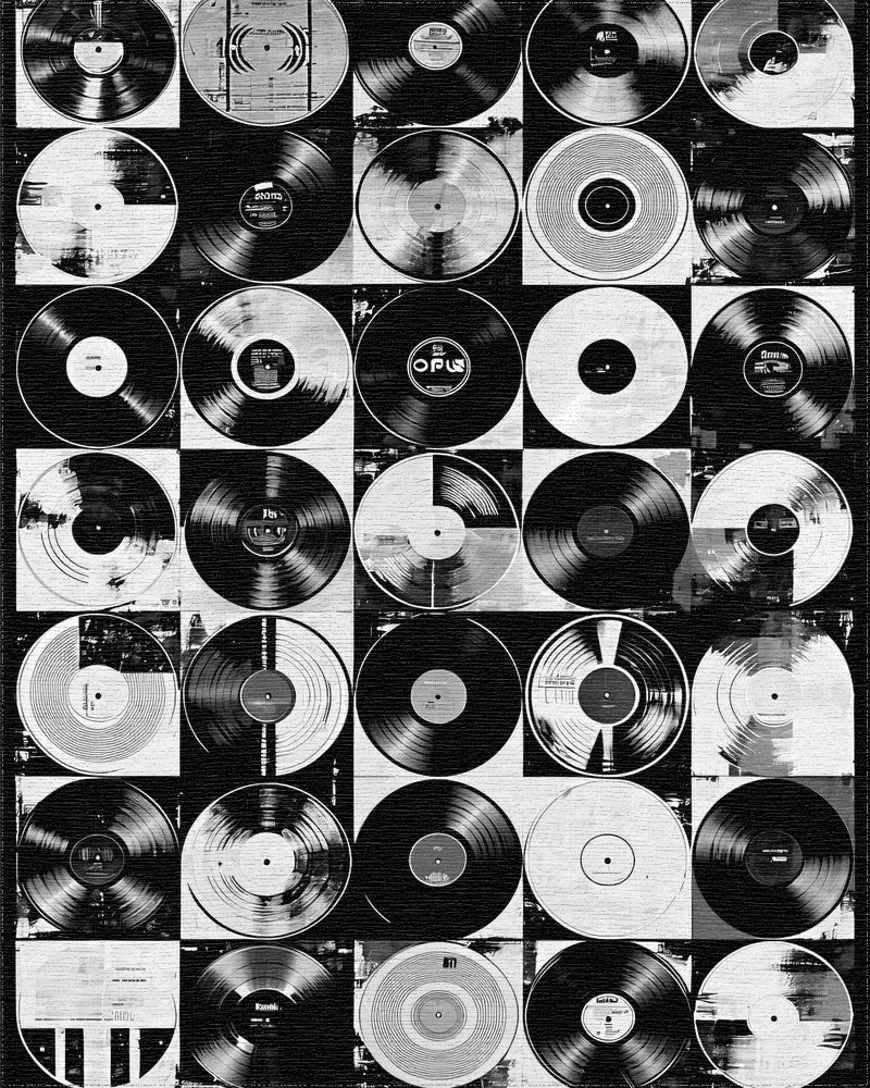 Black White Vinyl Records Grid Rug - Cutout View