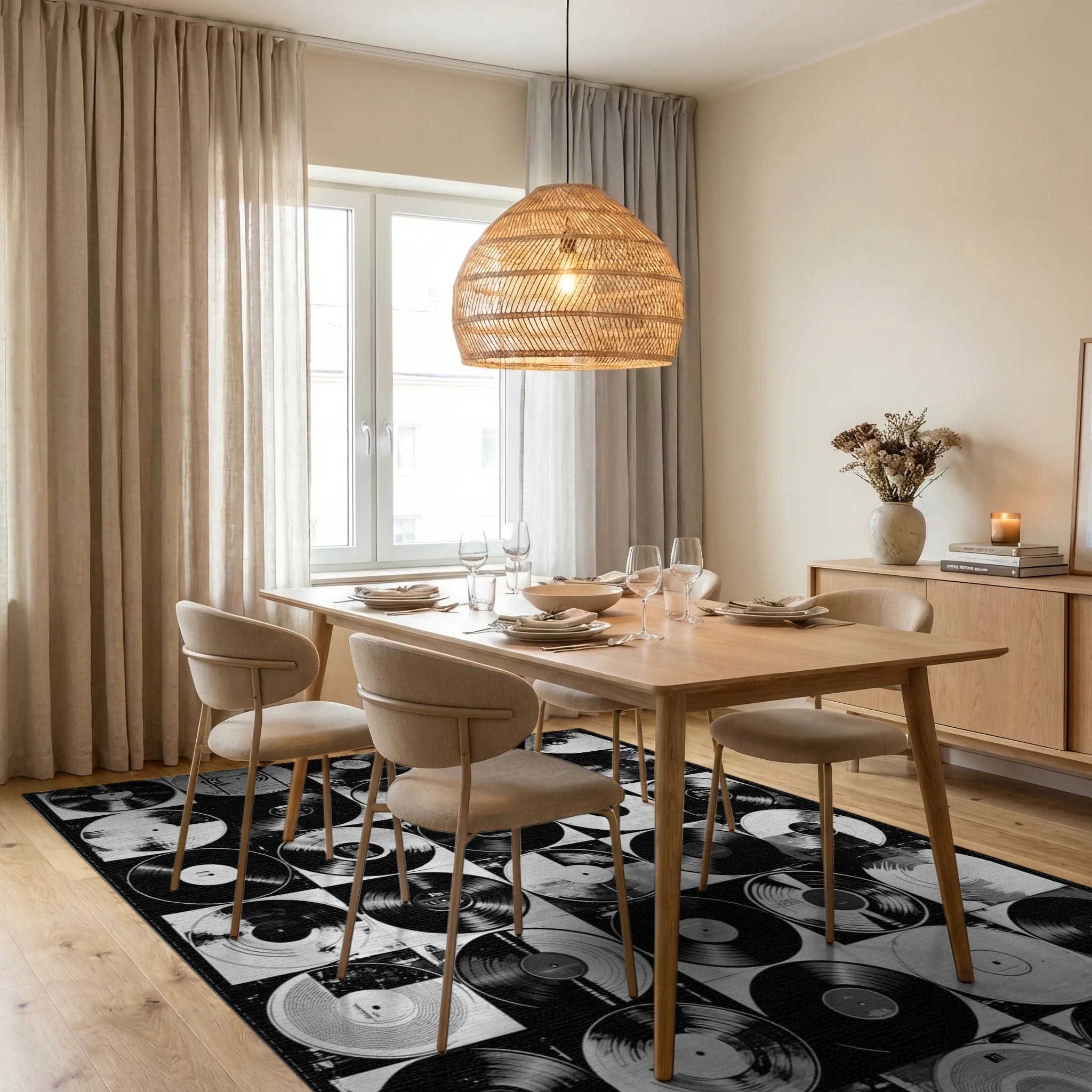 Black White Vinyl Records Grid Rug - Dining Room View